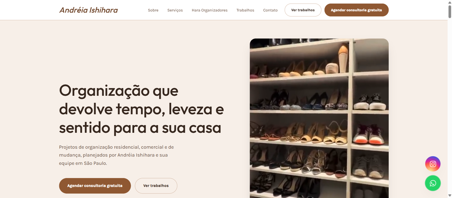Site real da Andréia Ishihara, personal organizer, aberto no navegador